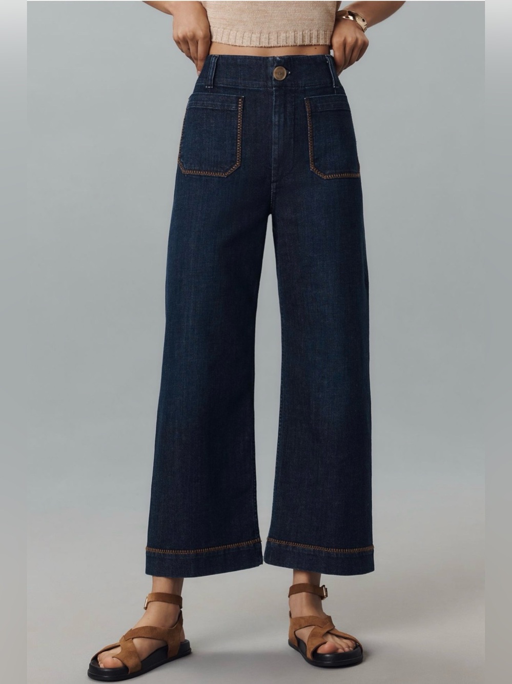 Anthropologie Maeve Colette Whipstitch Wide Leg Cropped Jeans in Dark Denim